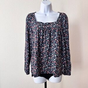 Lucky Brand womens square neck peasant top shirt navy blue pink florals sz M